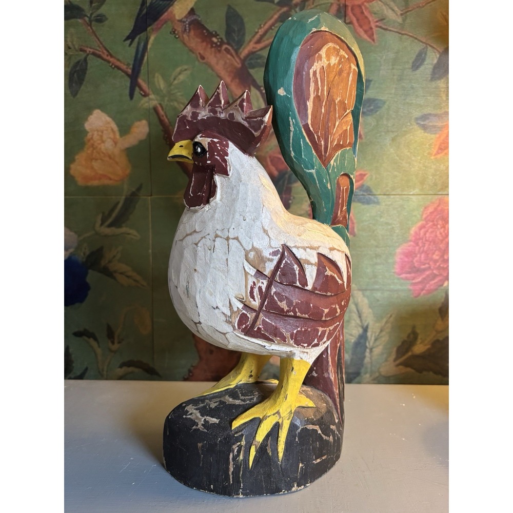 Carved Wooden Rooster Garden Statue 16" Rustic Folk Art Chicken Farmhouse
